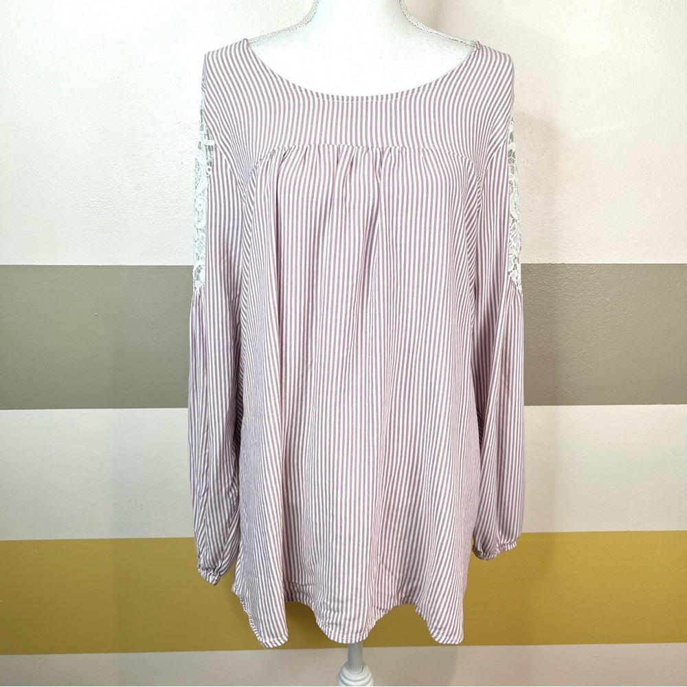 2/$25 Lane Bryant Pink Stripes Floral Lace Business Feminine Casual Blouse 22/24 - Picture 2 of 13
